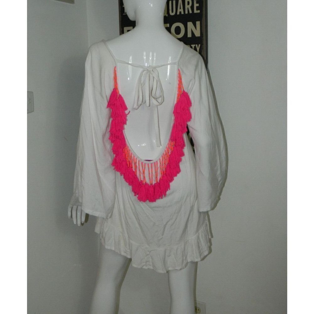 Sundress Brand Dress Cover Up Size XS/S White Pink Tassels‎ Ruffle Sleeve